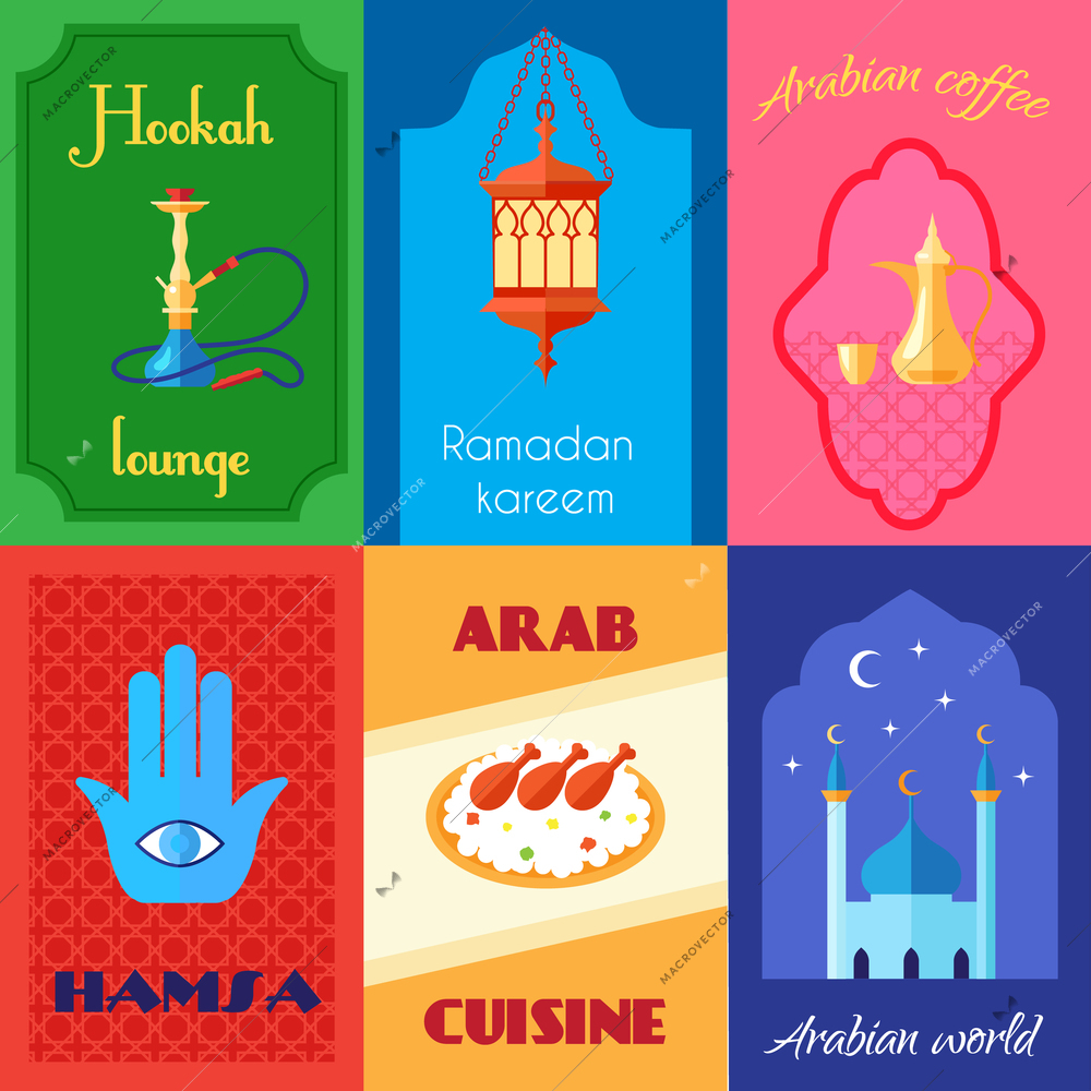 Arabic culture mini poster wet with hookah coffee hamsa cuisine isolated vector illustration