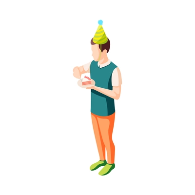 Birthday party isometric icon with man eating cake 3d vector illustration