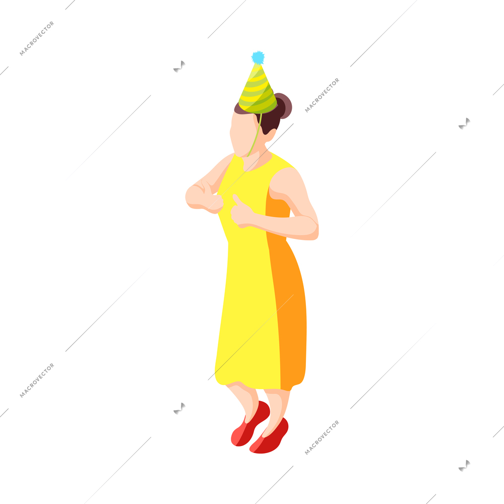 Person with festive hat having fun at birthday party isometric icon vector illustration