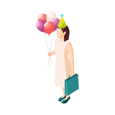 Birthday party isometric icon with female guest with balloons and paper bag vector illustration