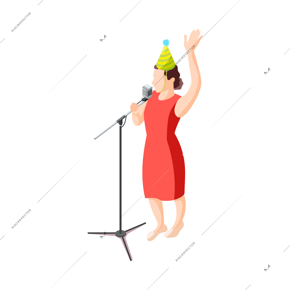 Woman with microphone at birthday party isometric icon vector illustration