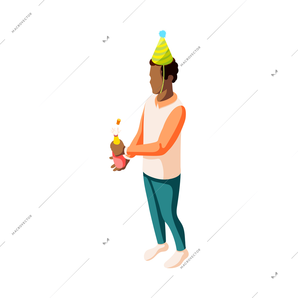 Birthday party isometric icon with guest popping champagne 3d vector illustration