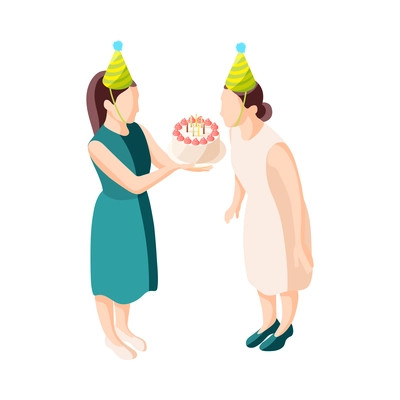 Birthday party isometric icon with woman blowing out candles on cake 3d vector illustration