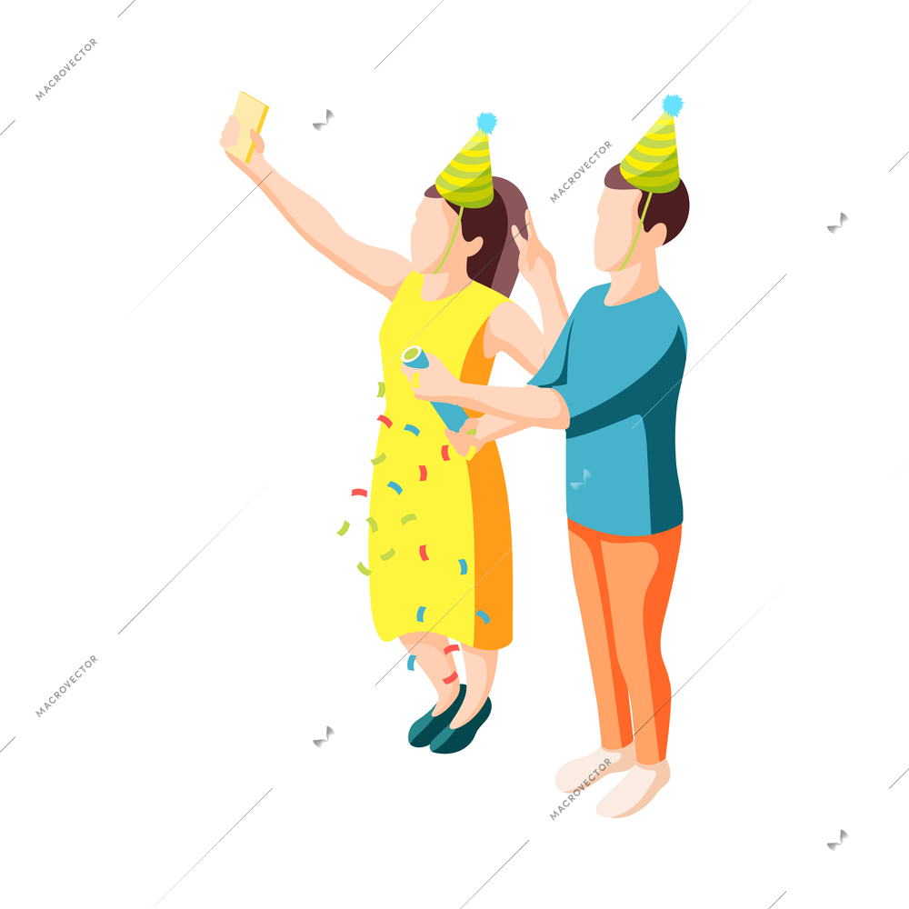 Birthday party isometric icon with people blowing cracker 3d vector illustration