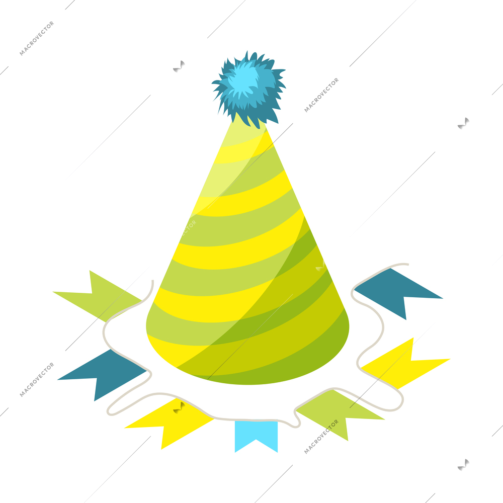 Isometric colorful birthday party hat and flags garland 3d vector illustration