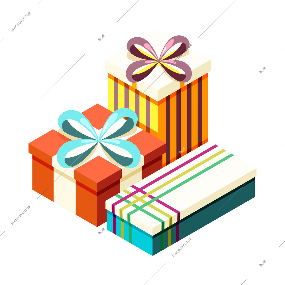 Isometric colorful gift boxes with ribbons 3d vector illustration