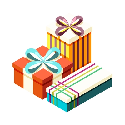 Isometric colorful gift boxes with ribbons 3d vector illustration