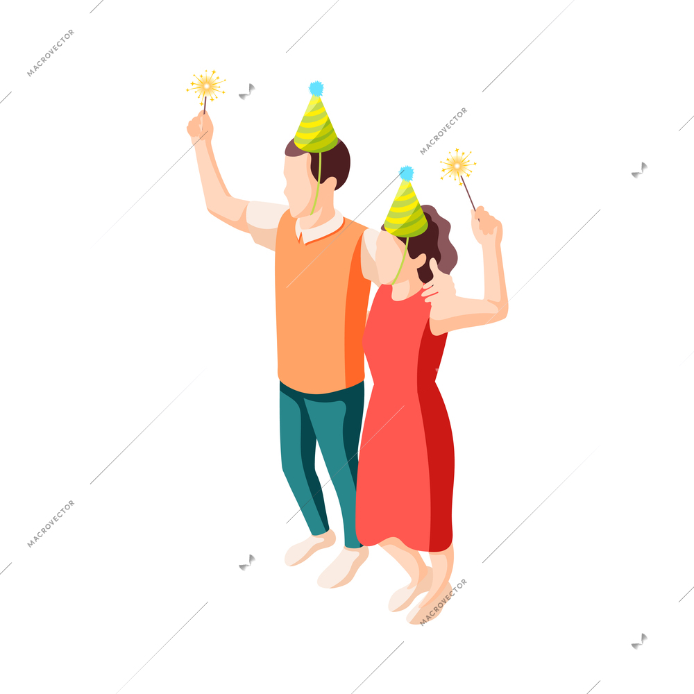 Birthday party guests wearing festive paper hats holding bengal lights 3d isometric vector illustration