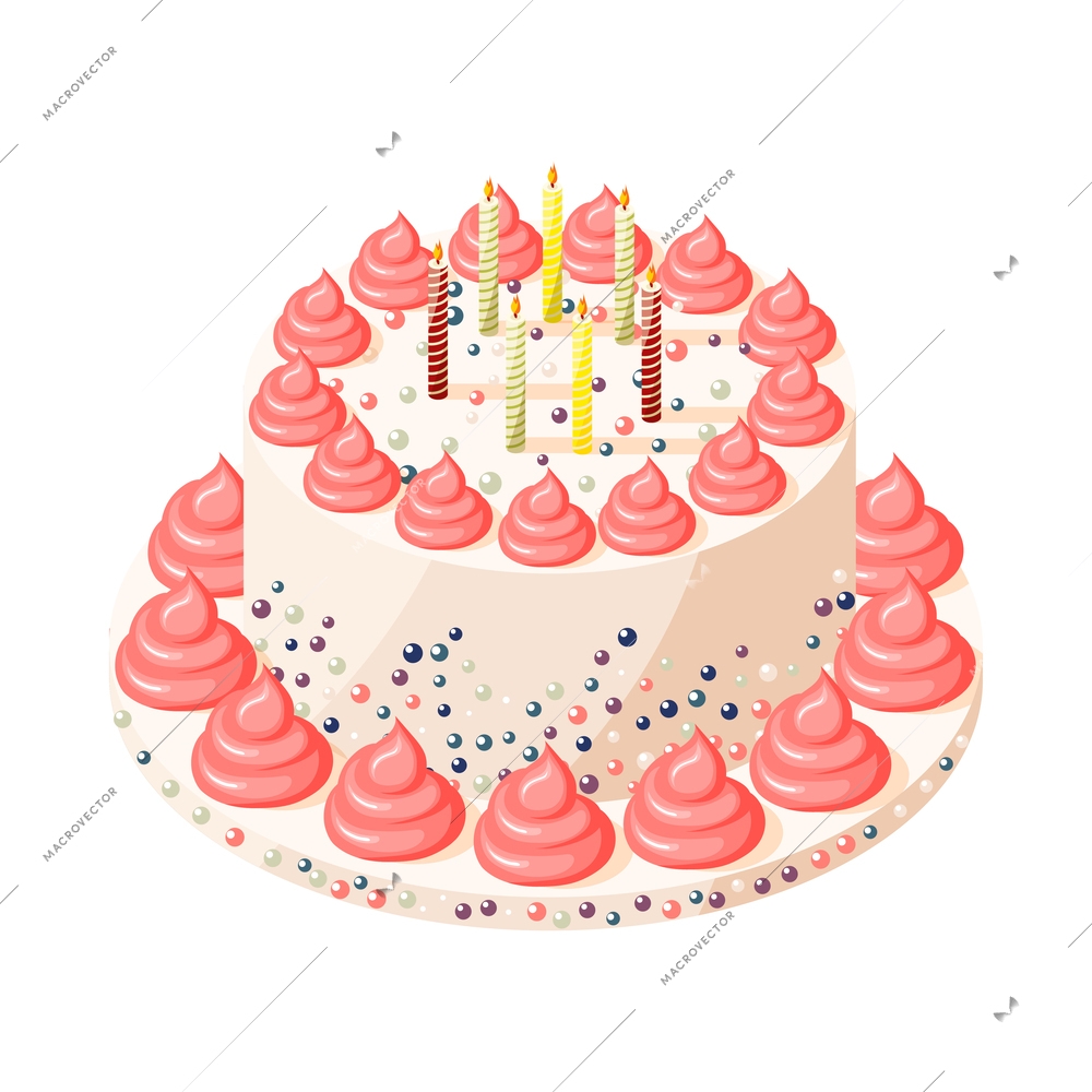 Isometric icon of birthday cake with candles 3d vector illustration