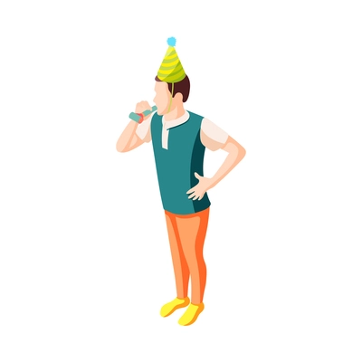 Isometric male birthday party guest with festive paper hat and whistle blower 3d vector illustration