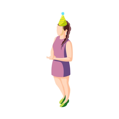 Birthday party female guest wearing festive paper hat 3d isometric vector illustration