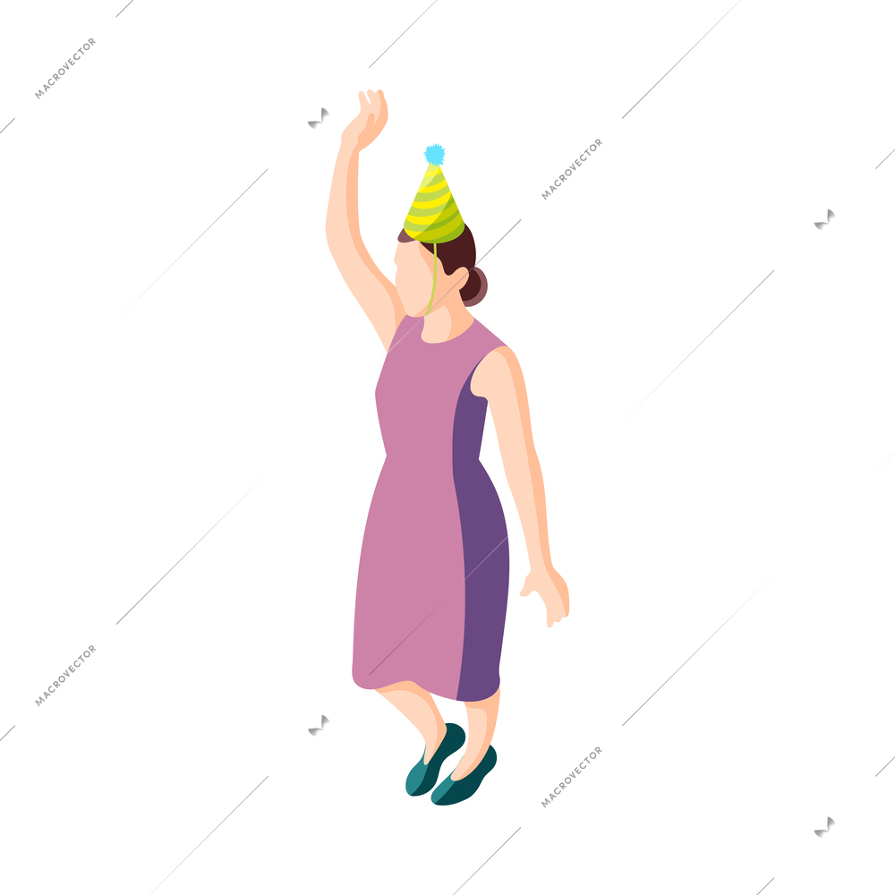 Isometric character of birthday party guest wearing festive hat 3d vector illustration