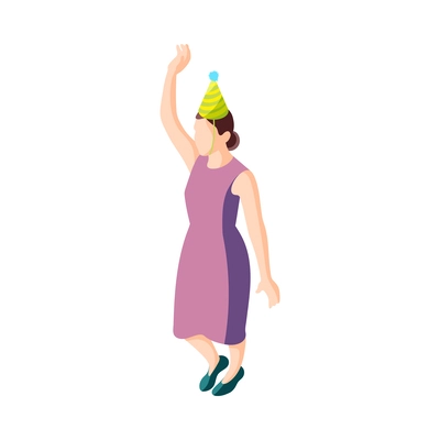 Isometric character of birthday party guest wearing festive hat 3d vector illustration