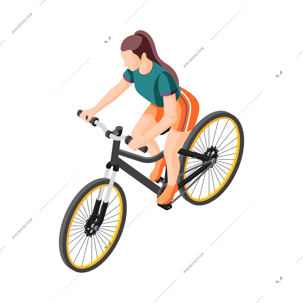 Healthy lifestyle isometric icon with woman in sportswear riding bike 3d vector illustration