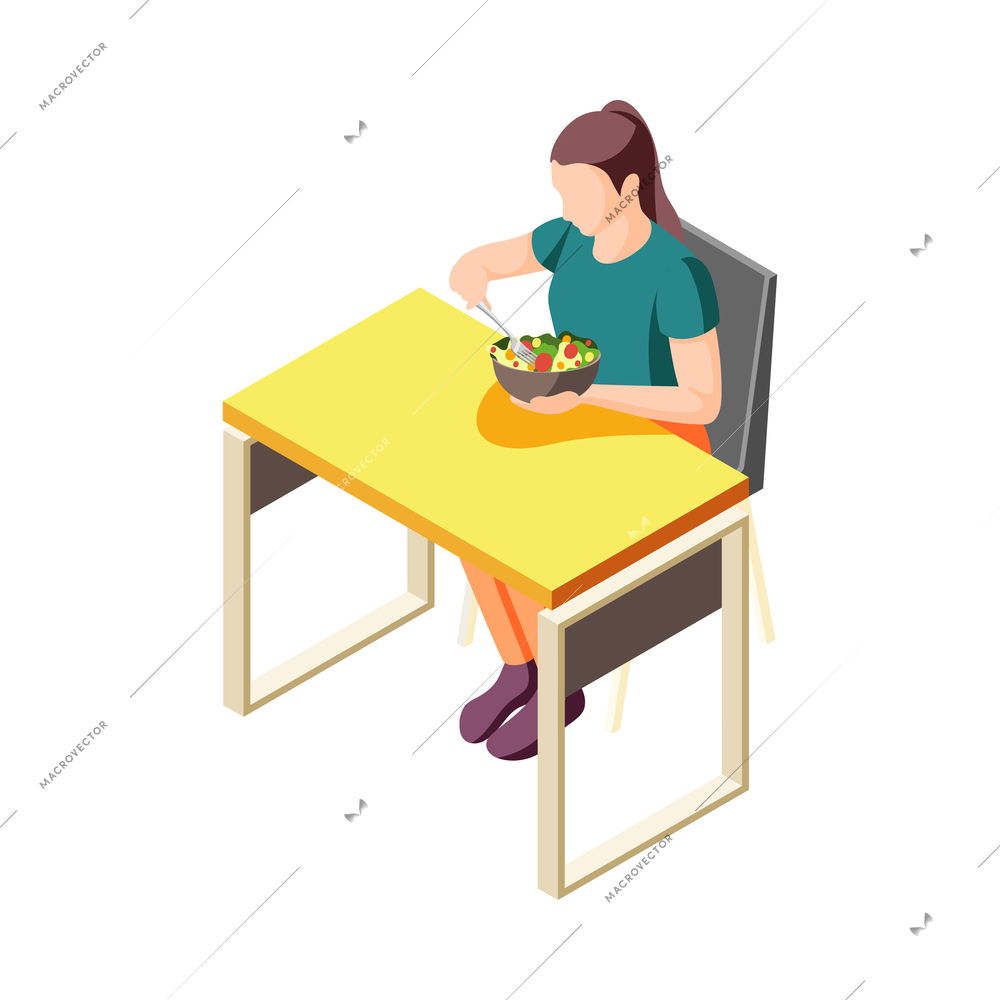 Healthy lifestyle balanced diet isometric icon with woman eating salad 3d vector illustration