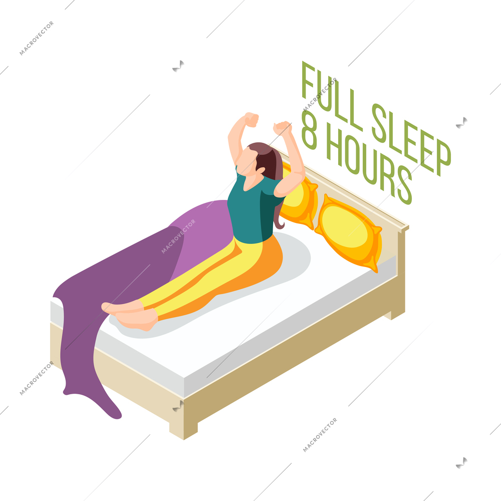 Healthy lifestyle sound sleeping routine isometric icon with woman in morning 3d vector illustration