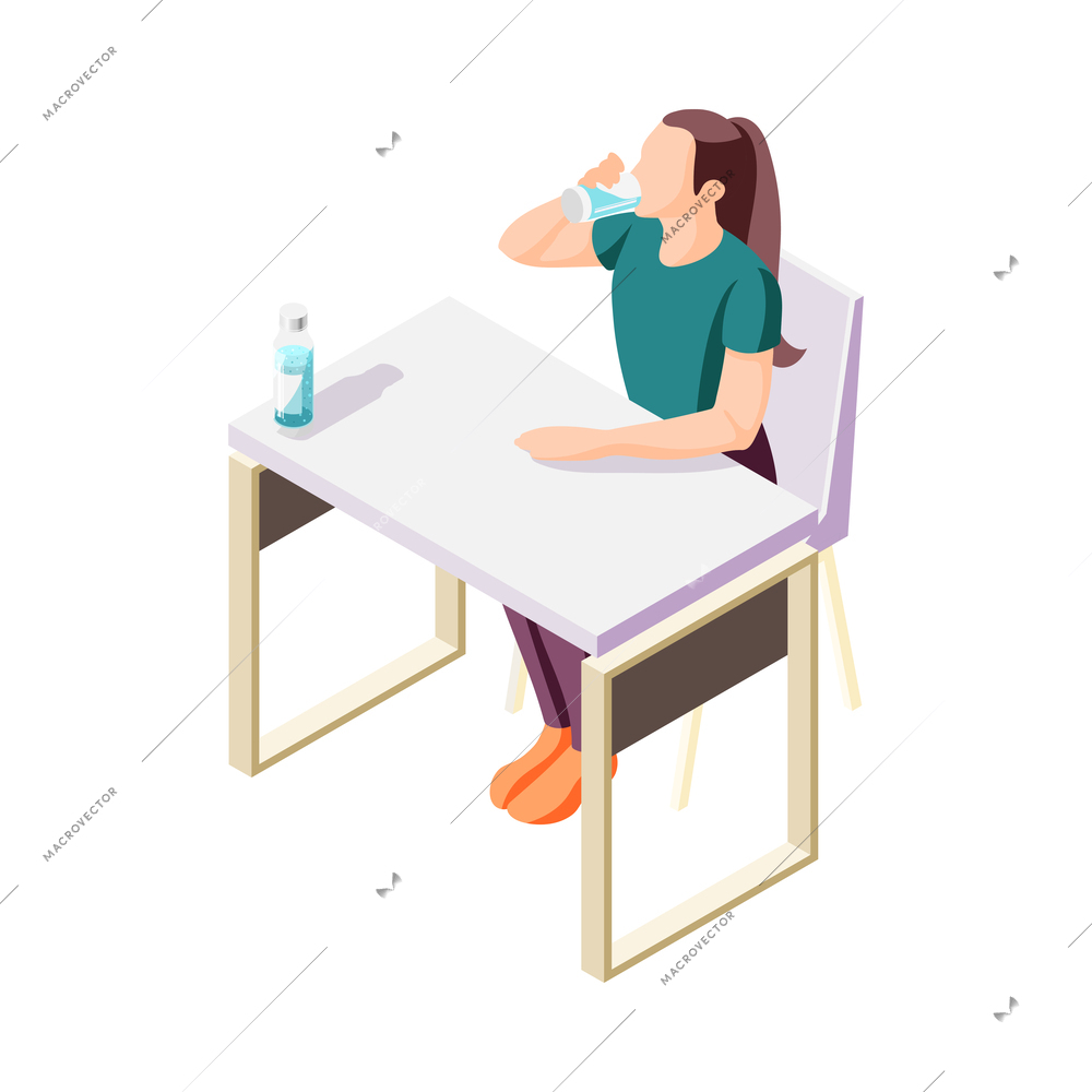 Healthy lifestyle isometric icon with woman drinking water at table 3d vector illustration