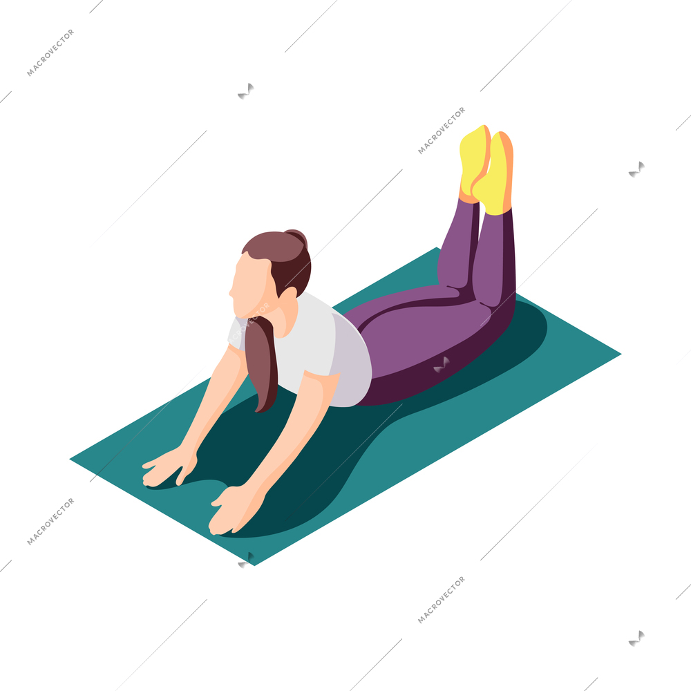 Young sporty woman doing fitness on mat isometric vector illustration