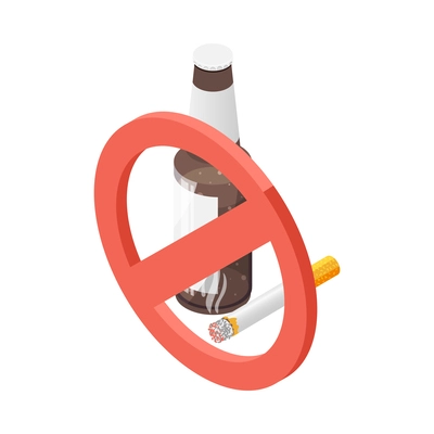 Healthy lifestyle refusal of smoking and alcohol isometric concept with prohibition sign bottle and cigarette vector illustration
