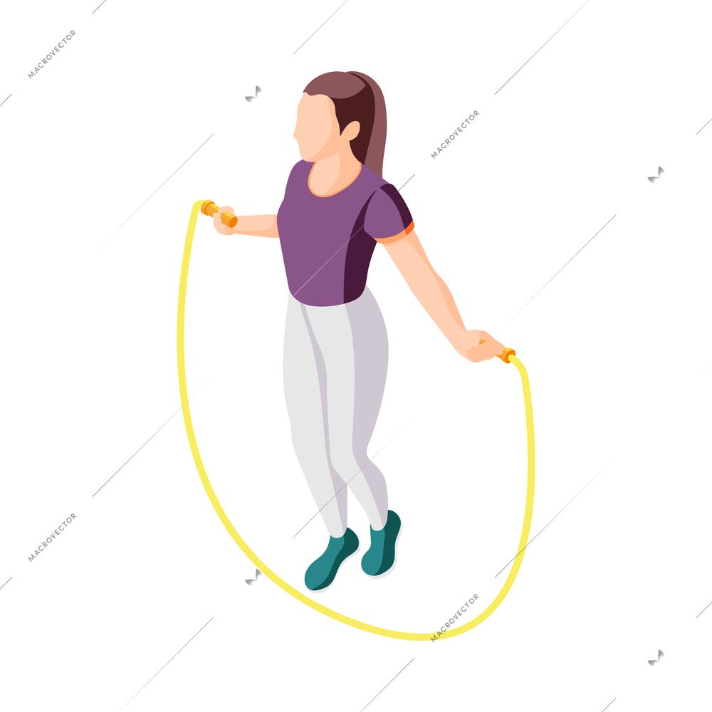 Young woman jumping rope on white background isometric vector illustration