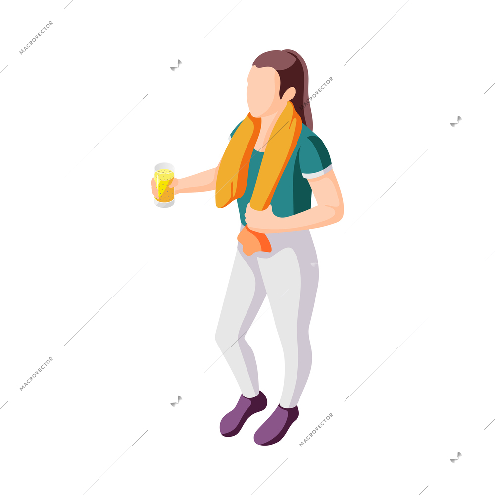 Isometric healthy lifestyle icon with woman after workout with towel and beverage vector illustration