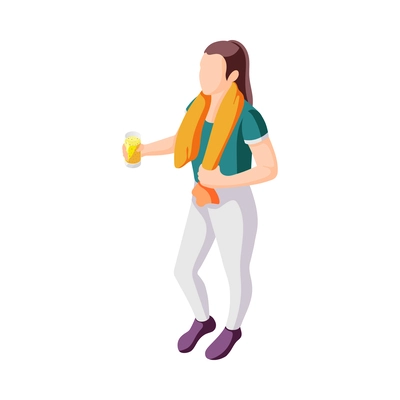 Isometric healthy lifestyle icon with woman after workout with towel and beverage vector illustration