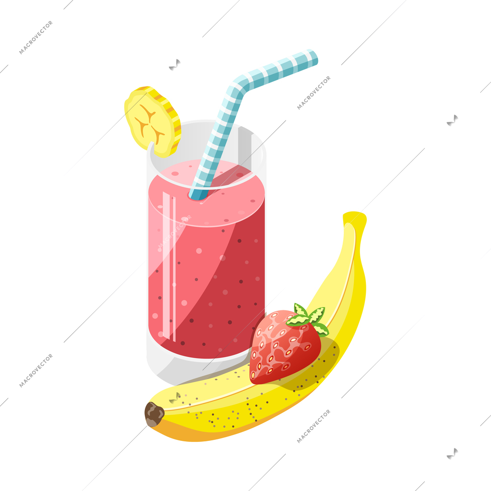 Healthy lifestyle isometric icon with glass of smoothie and fresh banana and strawberry 3d vector illustration