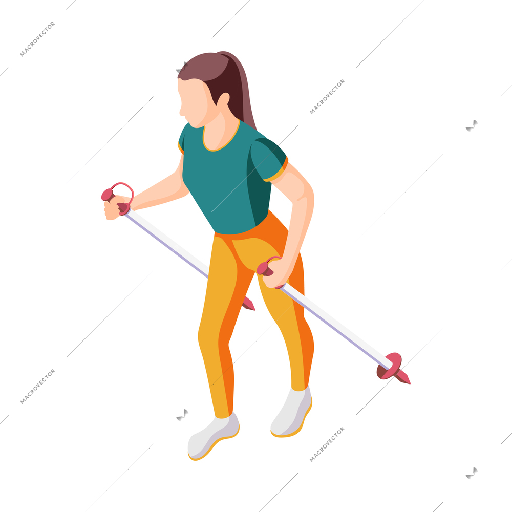 Isometric young woman nordic walking on white background 3d vector illustration