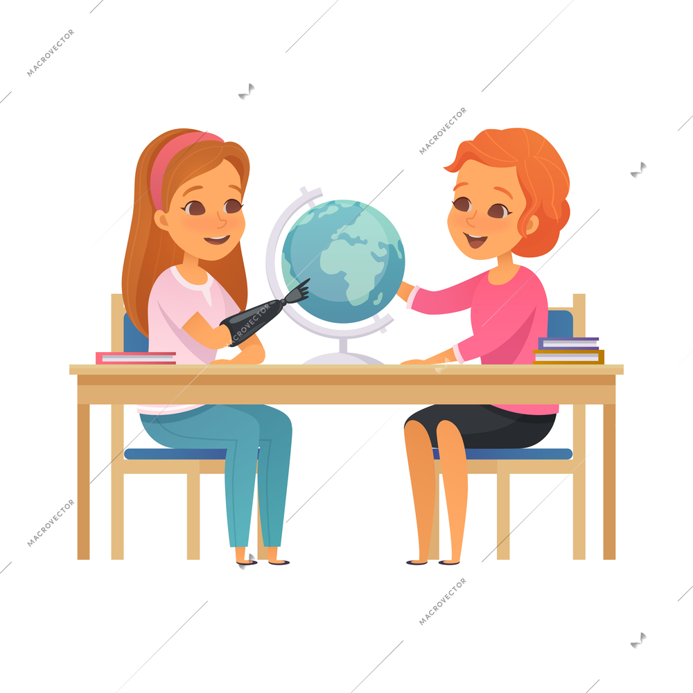 Inclusive education cartoon concept with happy girl with prosthetic arm in geography lesson vector illustration