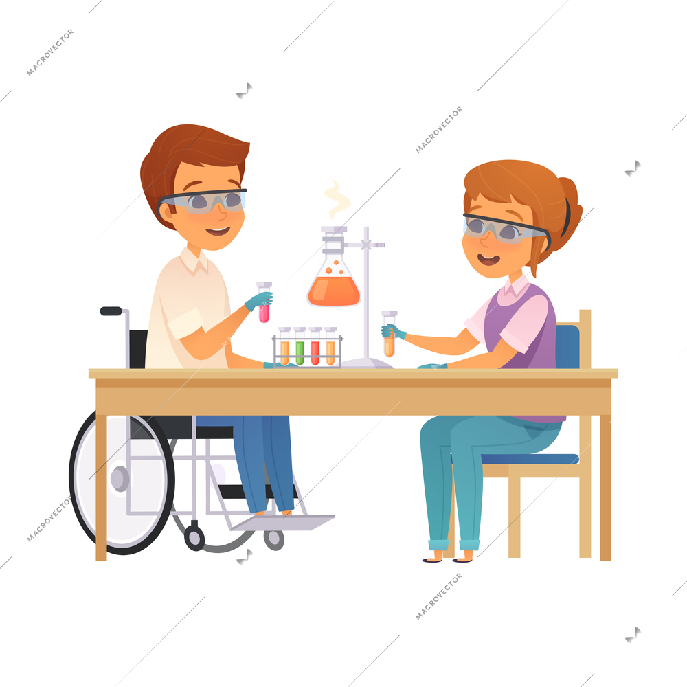 Inclusive education cartoon concept with happy disabled boy in wheelchair in science lesson vector illustration