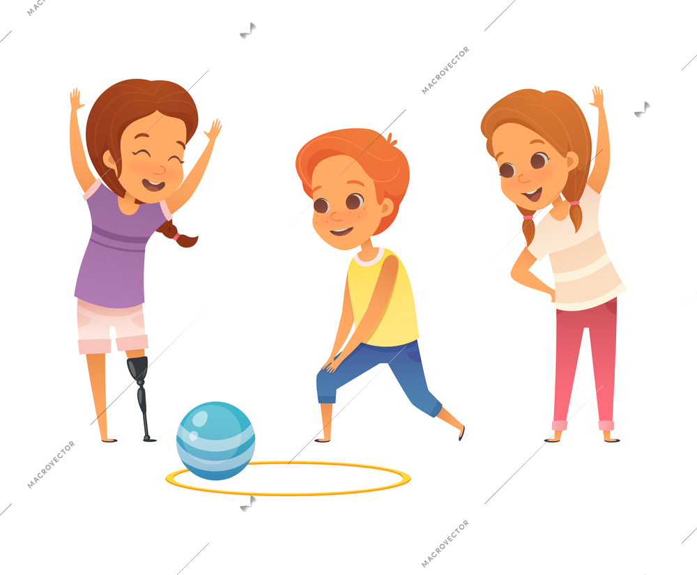 Cartoon inclusive education concept with happy girl with prosthetic leg in pe lesson vector illustration