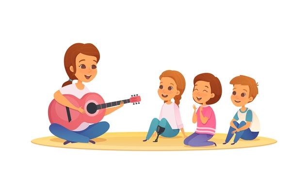 Cartoon inclusive education concept with happy girl with prosthetic leg in music lesson at elementary school vector illustration