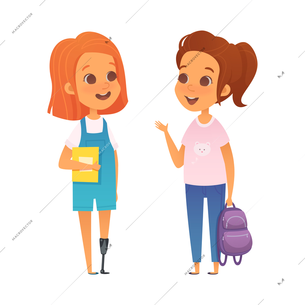 Cartoon inclusive education concept with happy disabled girl with prosthetic leg talking to friend vector illustration