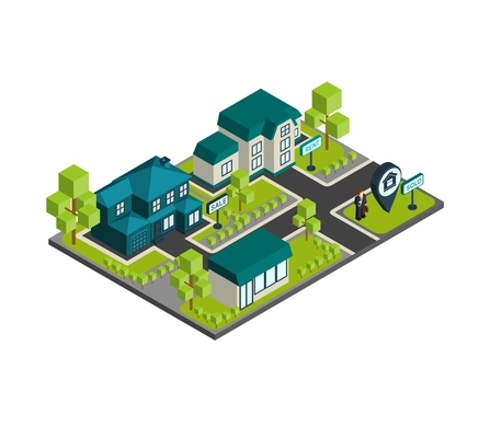 Isometric town concept with 3d buildings and real estate agent icons vector illustration