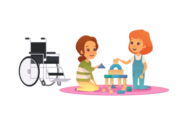 Cartoon inclusive education concept with disabled girl playing with building bricks vector illustration