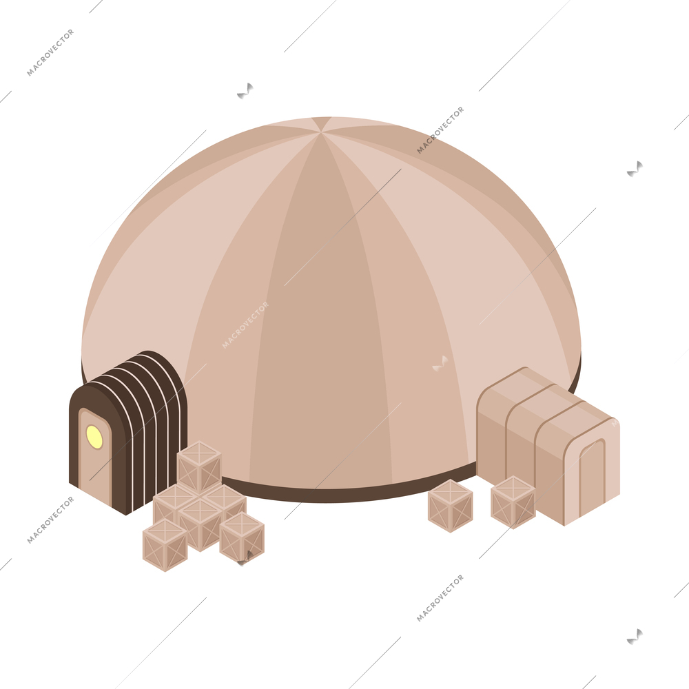 Mars colonization isometric icon with space base building and boxes 3d vector illustration