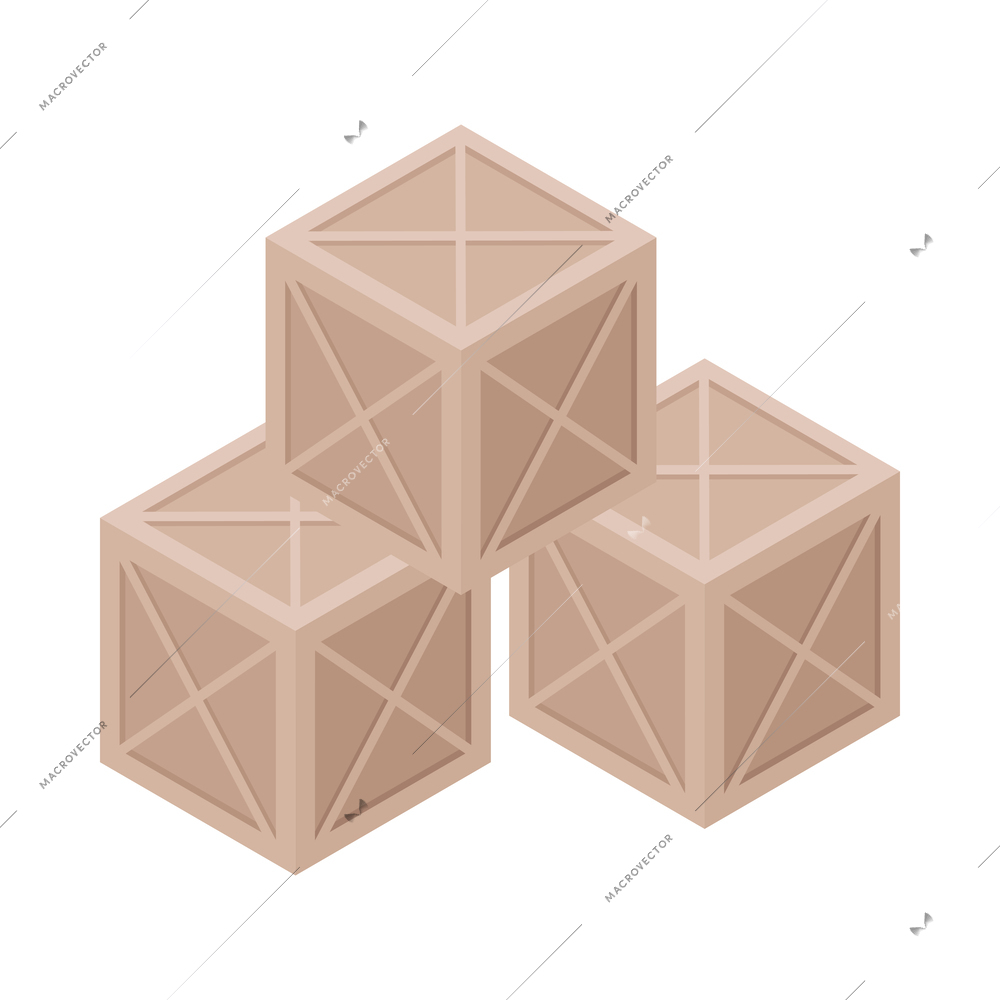 Three isometric closed wooden boxes vector illustration