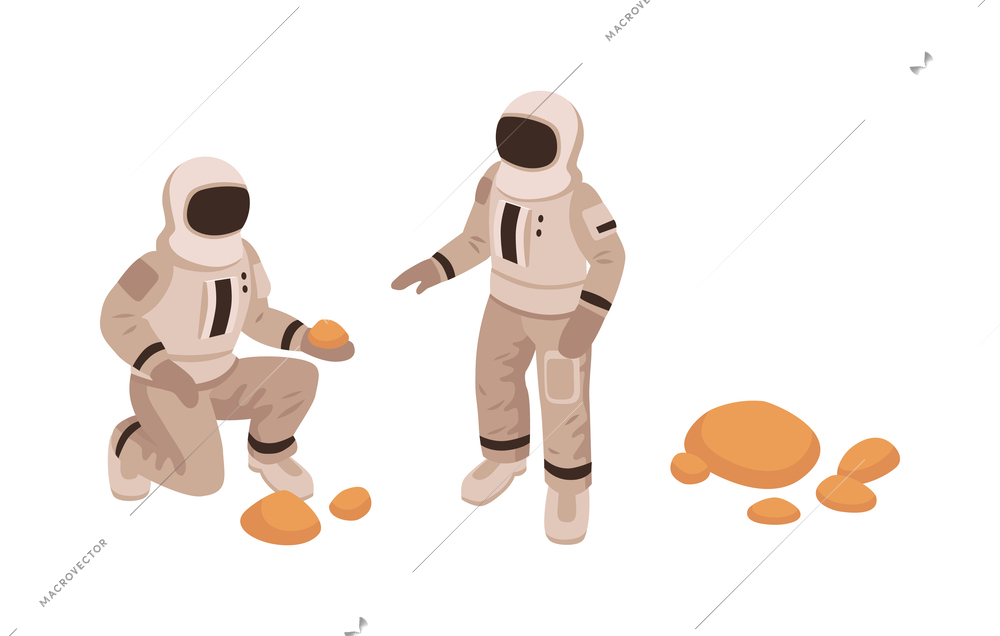 Mars colonization isometric concept with astronauts exploring planet 3d vector illustration