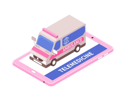 Online medicine isometric concept with ambulance car and tablet 3d vector illustration