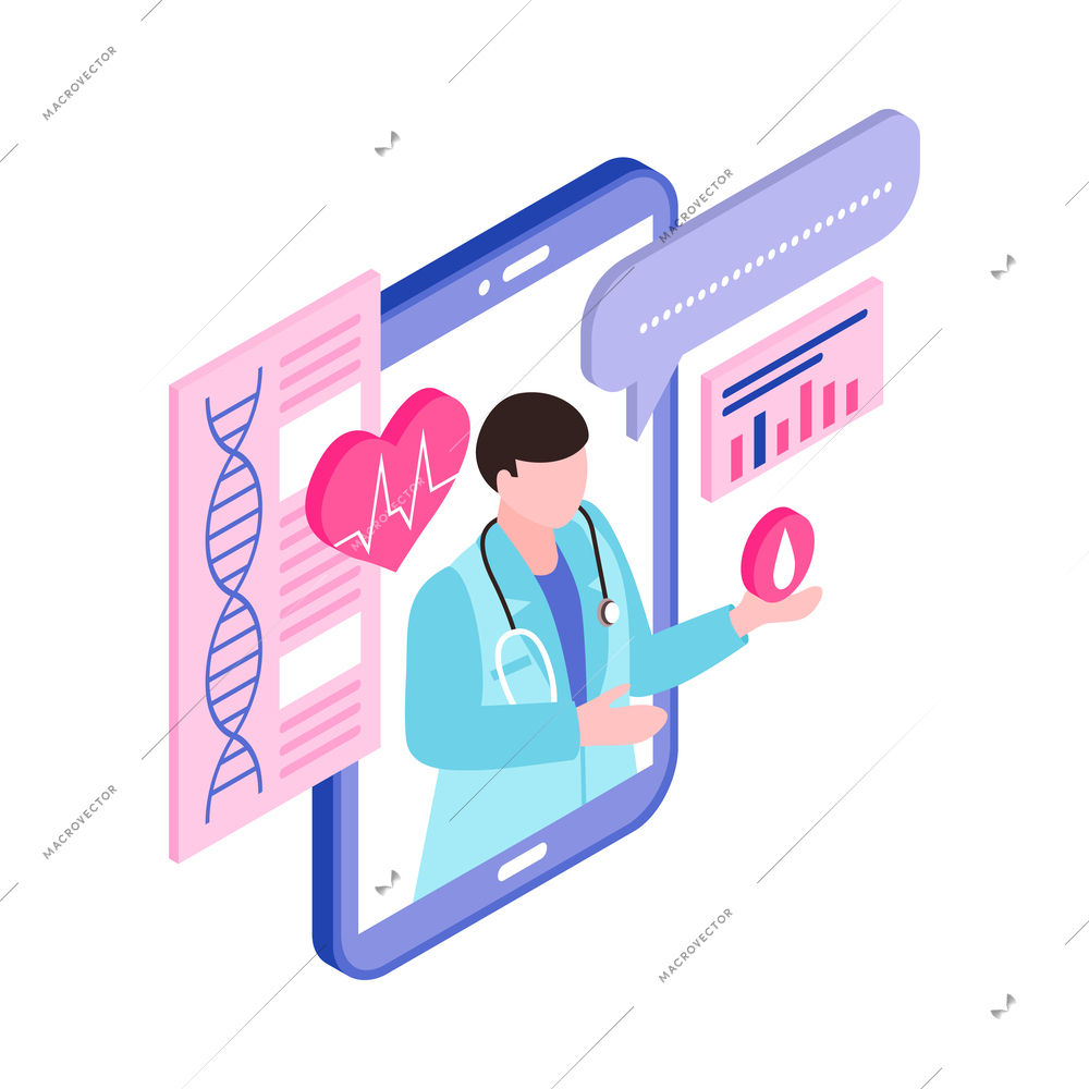 Telemedicine isometric concept with doctor on tablet screen and health symbols 3d vector illustration