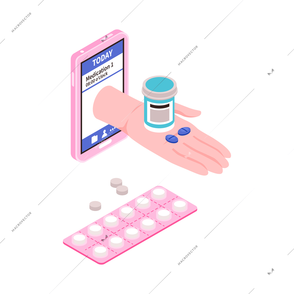 Taking pills reminder smartphone app isometric icon 3d vector illustration