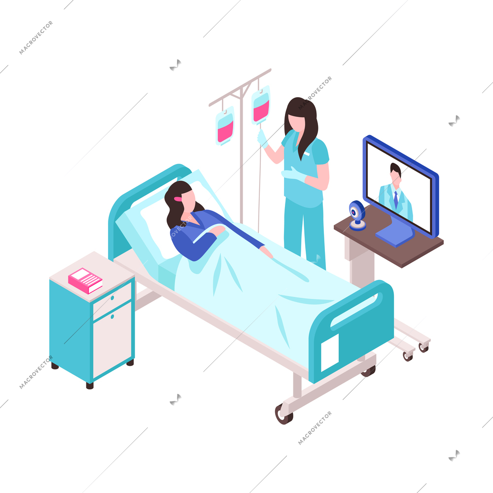 Telemedicine isometric icon with patient at hospital doctor consulting online 3d vector illustration