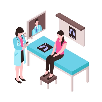 Telemedicine isometric icon with doctor consulting patient online after doing xray 3d vector illustration