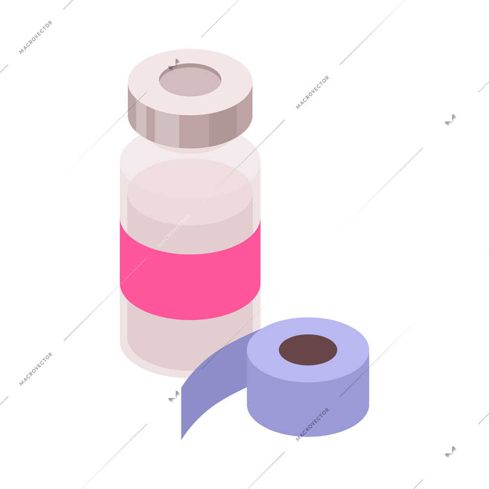 Pharmacy isometric icon with bottle of medication and roll of patch 3d vector illustration