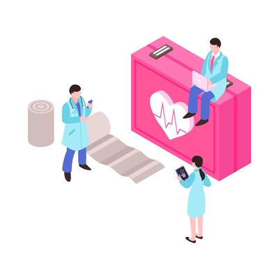 Telemedicine isometric icon with doctors consulting their patients online 3d vector illustration