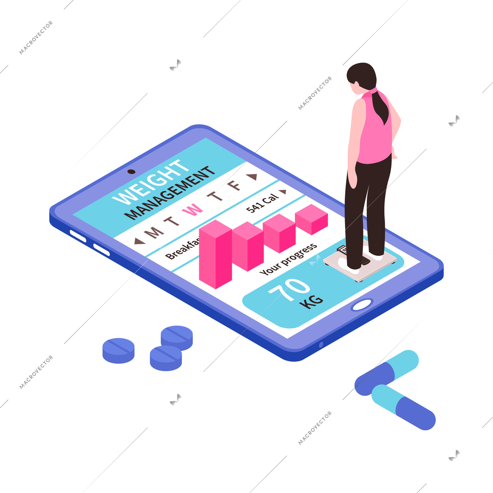 Weight management smartphone app isometric icon with woman on scales 3d vector illustration