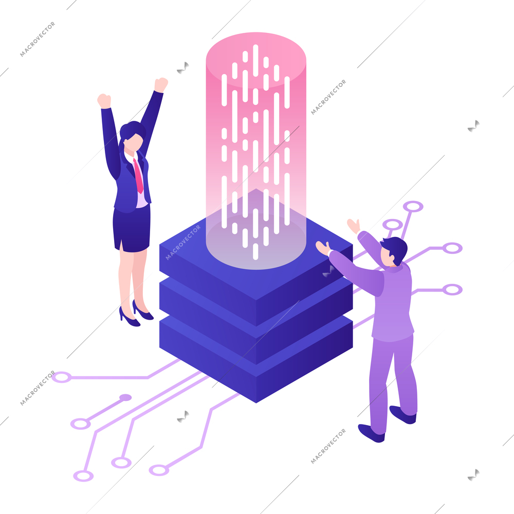Modern future technologies isometric concept with people and device 3d vector illustration