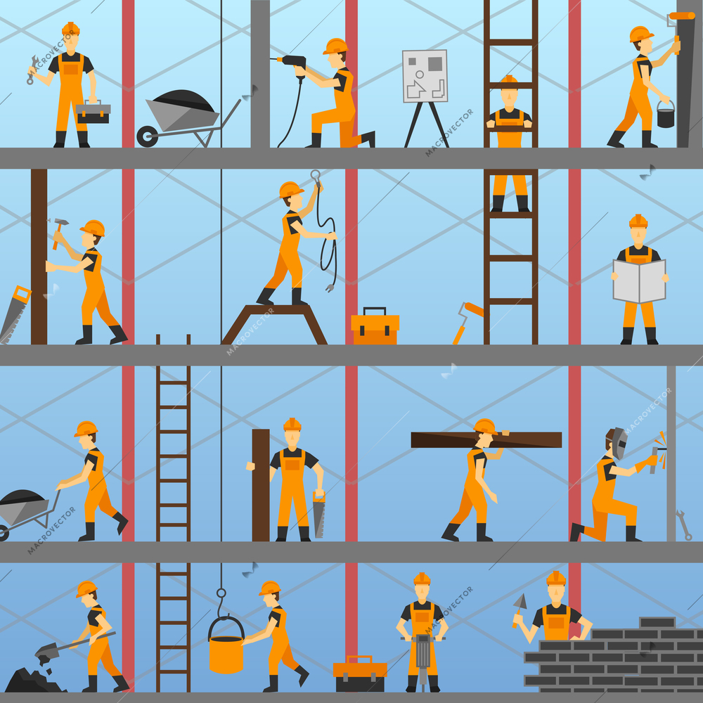 Construction process background with builders repairmen and maintenance workers vector illustration