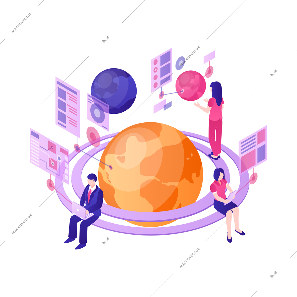 Modern future technologies isometric concept with people using various gadgets 3d vector illustration