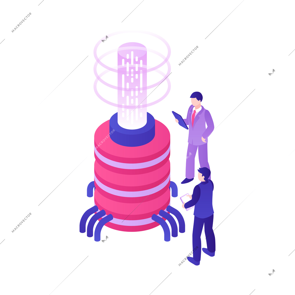 Modern future technologies isometric concept with people and innovative device 3d vector illustration